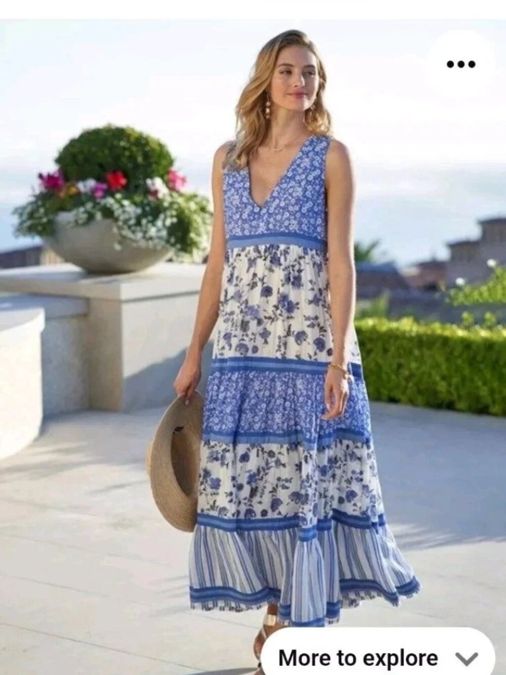 Chelsea Theodore Maxi Blue White Floral Tiered Dress Greek Beach Boho M Elegant